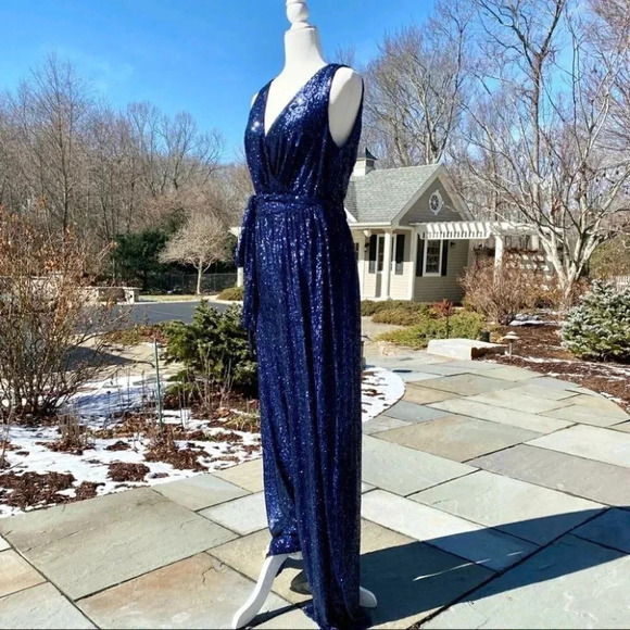 NWT BHLDN Sachin and Babi Somers Sequin Wide Leg Wedding Jumpsuit Party in Blue - Picture 7 of 17